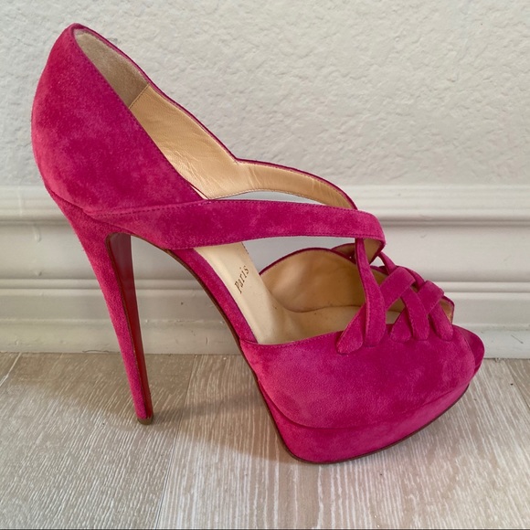 CHRISTIAN LOUBOUTIN Fuchsia Suede High Heels Sz 38 - Picture 3 of 8